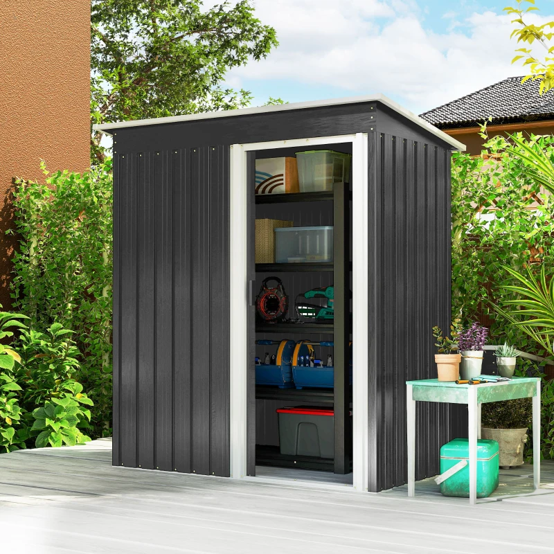 Outsunny 5 x 3 FT Outdoor Storage Shed with Sliding Door and Sloped Roof, Steel Frame Garden Shed Tool Equipment, Black