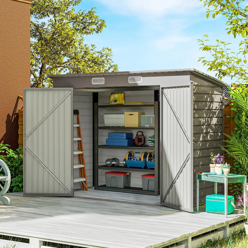 Outsunny 8 x 4FT Galvanized Garden Storage Shed, Metal Outdoor Shed with Double Doors and 2 Vents, Light Grey