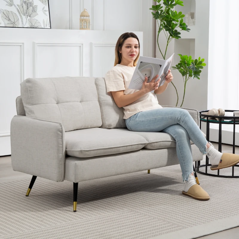 HOMCOM Modern 55" Loveseat, Fabric Love Seat Sofa with Button Tufted Back, Steel Legs for Bedroom, Living Room, Cream White