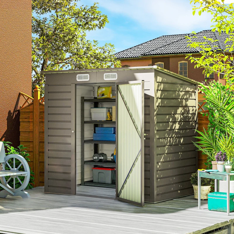 Outsunny 6 x 4FT Galvanized Garden Storage Shed, Metal Outdoor Shed with Double Doors and 2 Vents, Light Grey