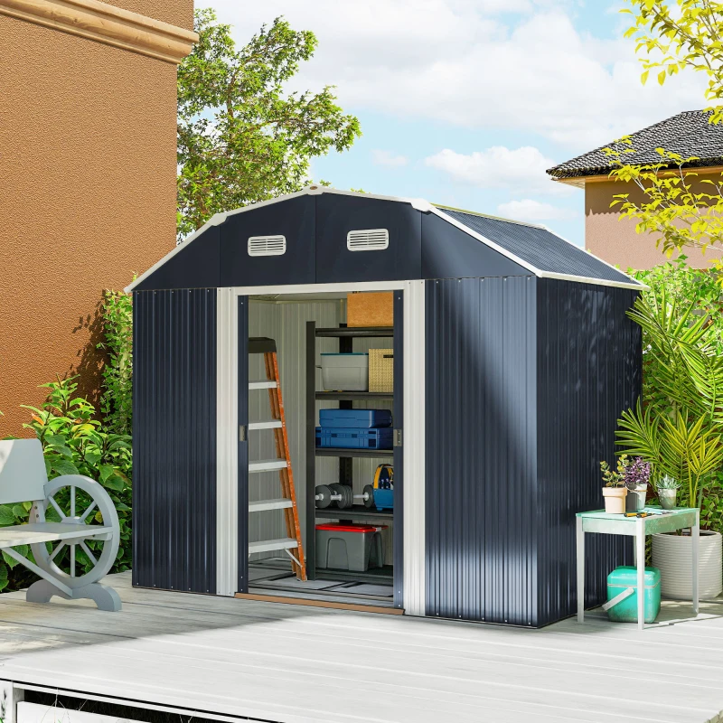 Outsunny 8' x 4' Galvanized Outdoor Storage Shed, Garden Shed with Adjustable Shelves, Double Sliding Doors and Vents