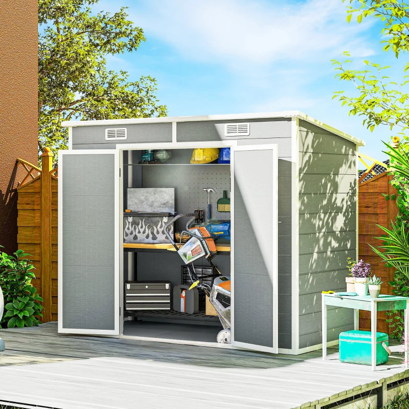 Outsunny 8' x 4' Resin Outdoor Storage Shed with Floor, Window, Lockable Doors and Vents for Backyard Patio Lawn, Light Grey