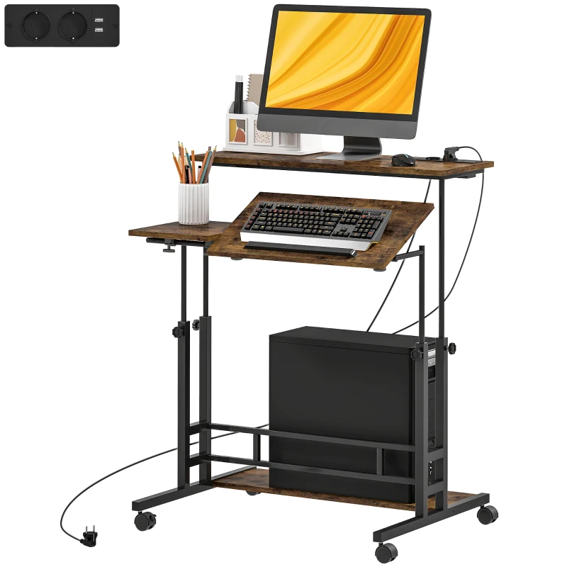 HOMCOM Adjustable Standing Desk with Power Outlets, Stand Up Desk with Tiltable Tabletop, Wheels, Shelf, for Home Office, Brown