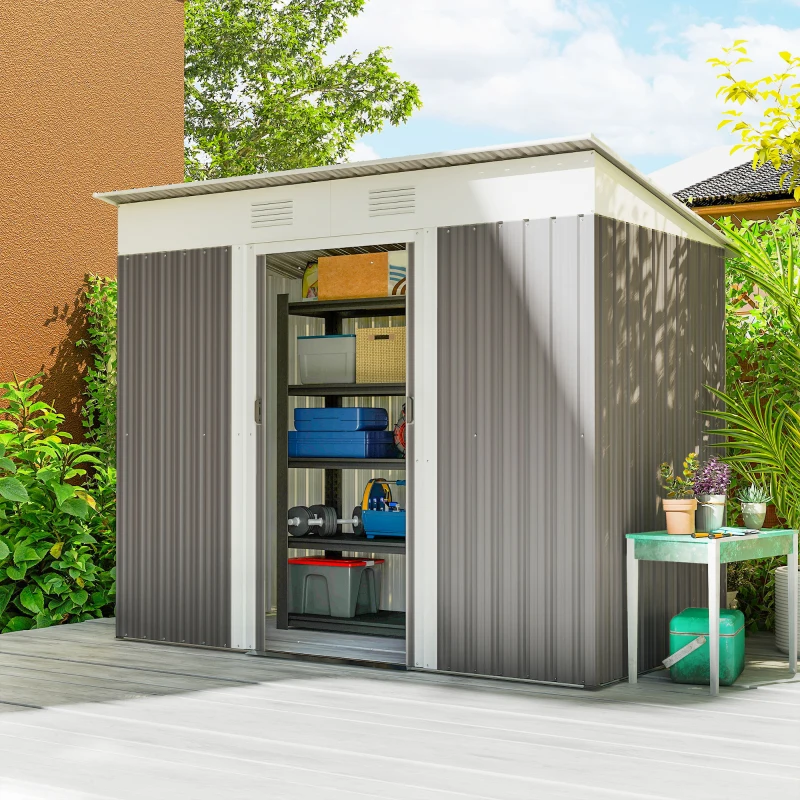 Outsunny 7' x 4' Outdoor Storage Shed, Metal Garden Tool Storage House Organizer with Lockable Sliding Doors and Vents for Backyard Patio Lawn, Light Grey