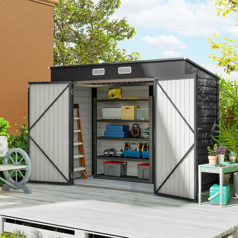 Outsunny 8 x 4FT Galvanized Garden Storage Shed, Metal Outdoor Shed with Double Doors and 2 Vents, Grey