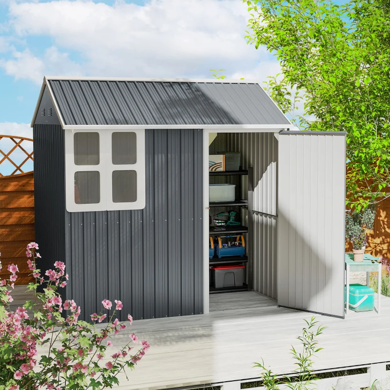 Outsunny 7' x 5.5' Metal Garden Storage Shed, Outdoor Tool Storage House with Lockable Door, Vents, Sloped Roof, Dark Grey