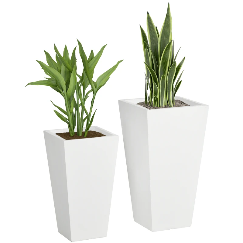 Outsunny Set of 2 Tall Planters with Drainage Holes, 22" / 18" Outdoor Flower Pots for Patio, Yard, Garden, White