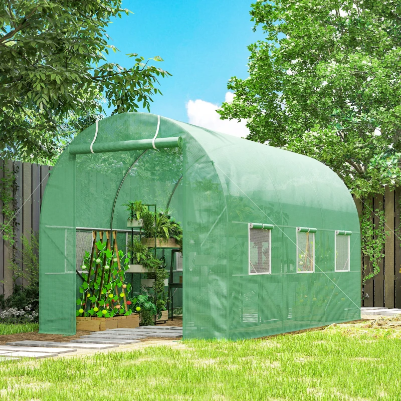 Outsunny 11.5' x 6.6' x 6.6' Walk-in Tunnel Greenhouse Garden Plant Seed Growing Warm House Outdoor Hot House w/ Roll Up Door, Windows, PE Cover Green