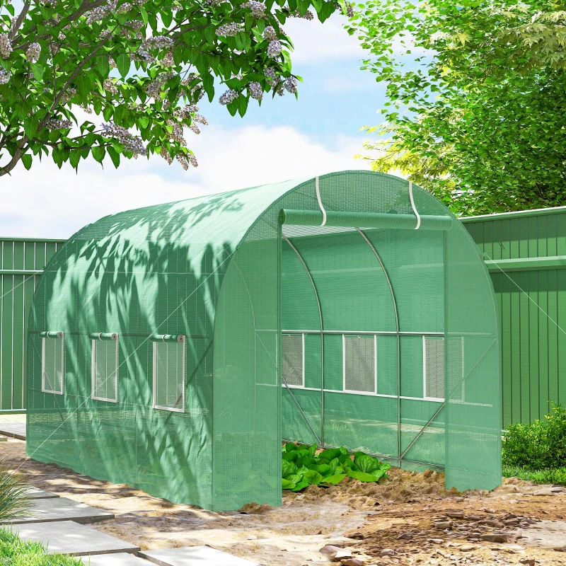 Outsunny 11.5' x 6.6' x 6.6' Walk-in Tunnel Greenhouse Garden Plant Seed Growing Warm House Outdoor Hot House w/ Roll Up Door, Windows, PE Cover Green