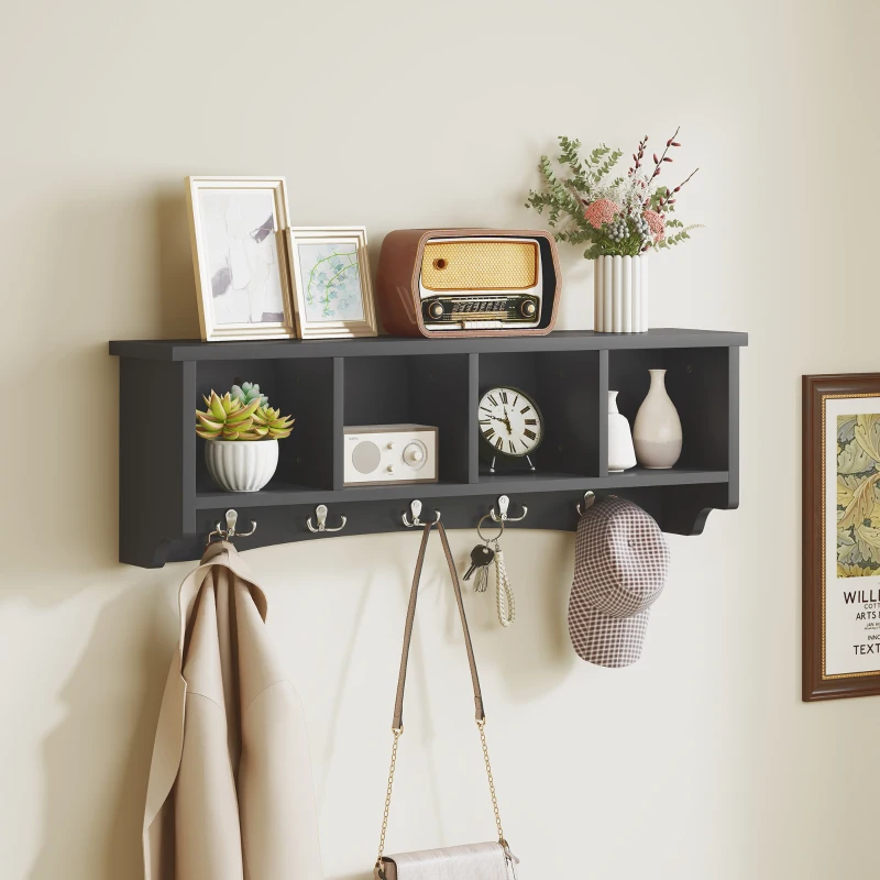 HOMCOM Coat Rack Wall Mount with Shelf, 28" Wall Coat Rack with 5 Hooks and 4 Compartments for Living Room, Entryway, Black