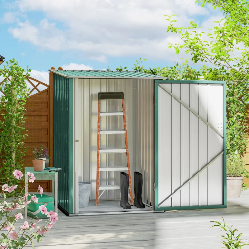 Outsunny 3.3' x 3.4' Lean-to Garden Storage Shed, Outdoor Galvanized Steel Tool House with Lockable Door for Patio Green