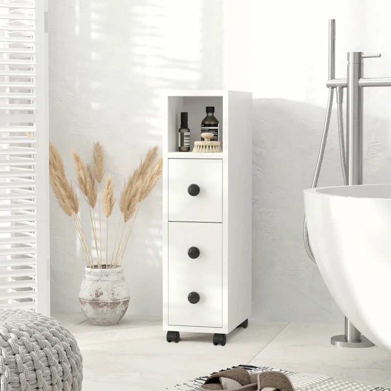 kleankin Slim Bathroom Cabinet with Wheels, Narrow Bathroom Storage Cabinet with Door, Drawer and 2 Open Compartments, White
