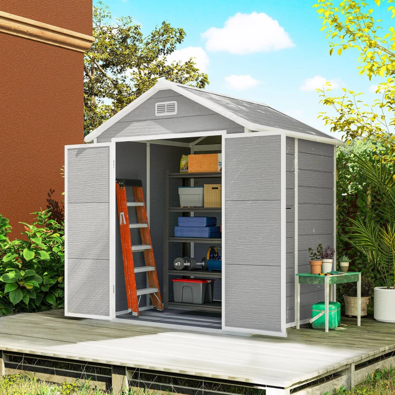 Outsunny 6' x 5' Plastic Outdoor Storage Shed, Garden Shed with Floor, Window, Lockable Doors and Vents, Wood Effect Grey