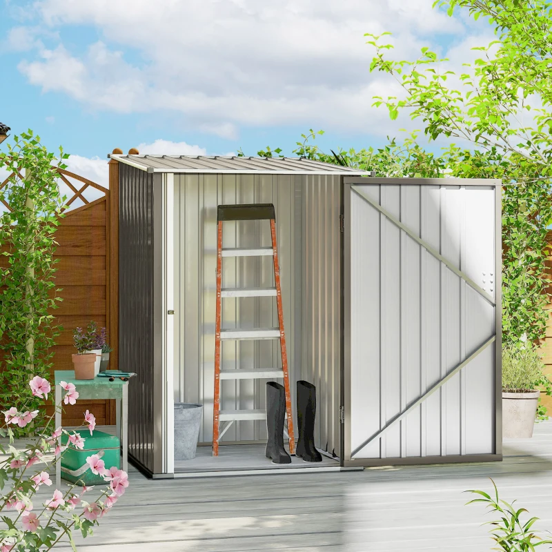 Outsunny 3.3' x 3.4' Lean-to Outdoor Garden Storage Shed, Galvanized Steel with Lockable Door for Patio Brown and White