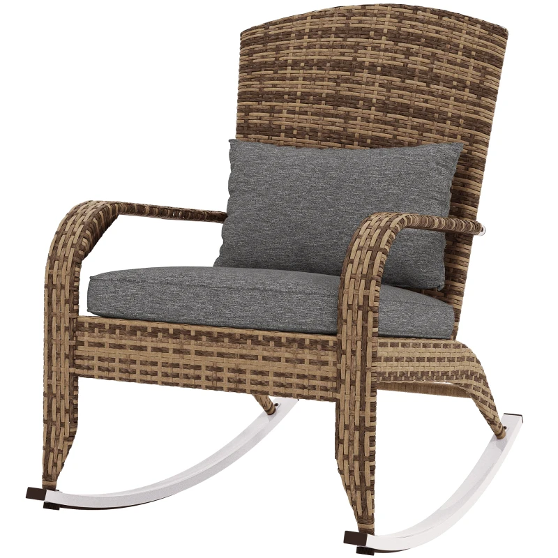 Outsunny Adirondack Chair, Outdoor Wicker Rocking Chair with High Back, Seat Cushion, and Pillow for Porch, Balcony, Gray