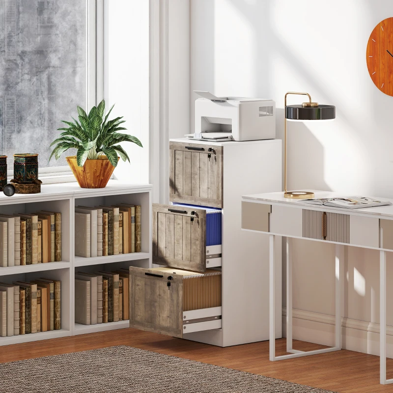 HOMCOM 3 Drawer Filing Cabinet, Farmhouse File Cabinet with Lock, Adjustable Hanging Rails for A4 Letter Size Files, White