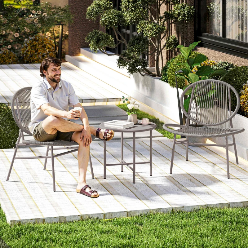 Outsunny Rattan Bistro Set, 3 Pieces Wicker Patio Furniture Set, Acapulco Chairs and Steel Table for Porch, Balcony, Light Grey