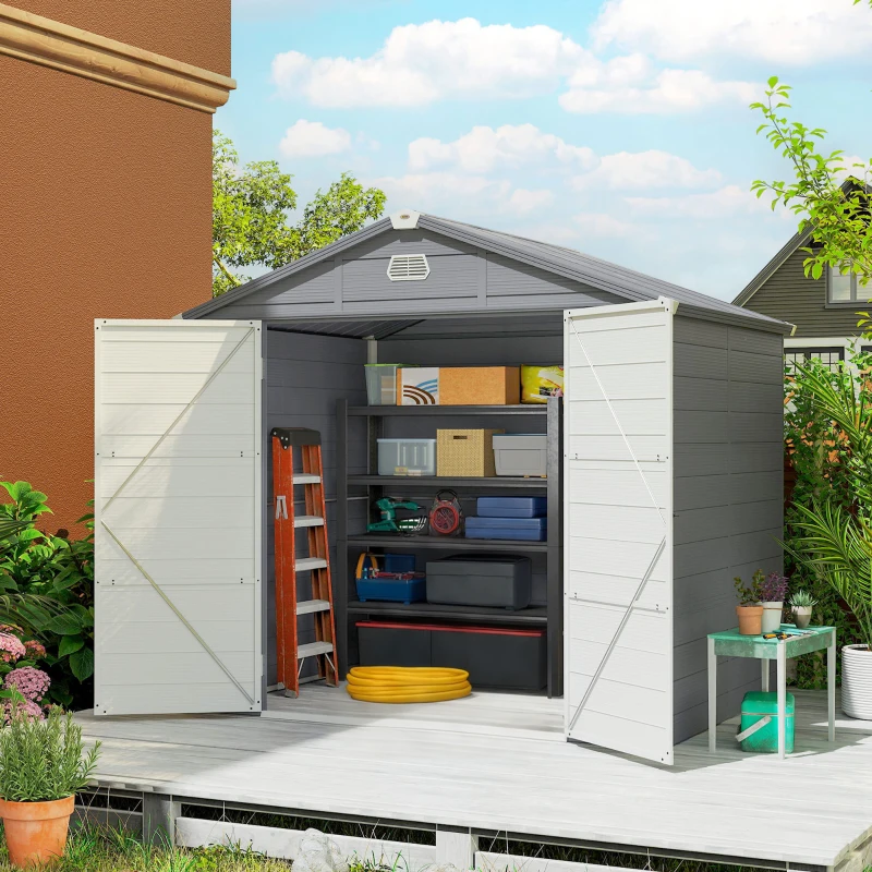 Outsunny 8' x 6' Plastic Garden Storage Shed with Latch Door, Vents, Sloped Roof, Light Grey