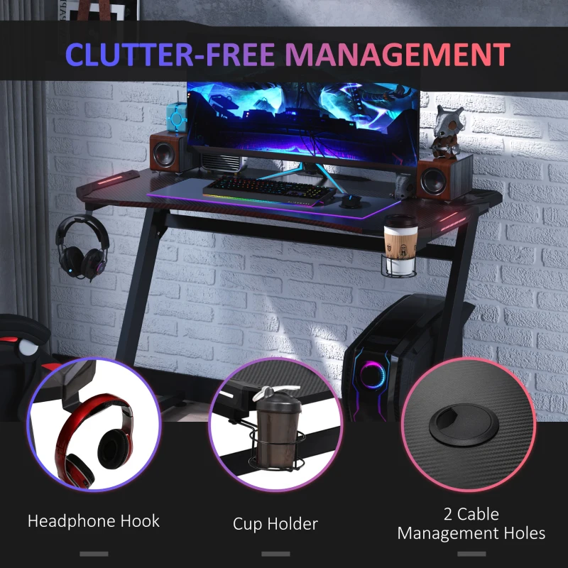 HOMCOM 47" Racing Style Gaming Desk, Z-Shaped Computer Table Workstation with LED Lights, Swivel Cup Holder, Headphone Hook and Cable Management Holes for Gamers Home Office, Black