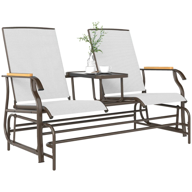 Outsunny Outdoor 2-Person Glider Bench, Outside Glider Swing Chair Loveseat with Table, Steel Frame, Cream White