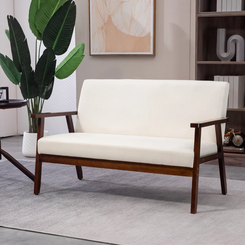 HOMCOM Compact Loveseat Sofa Couch Linen Fabric Double Seat Sofa with Rubber Wood Legs Cream White