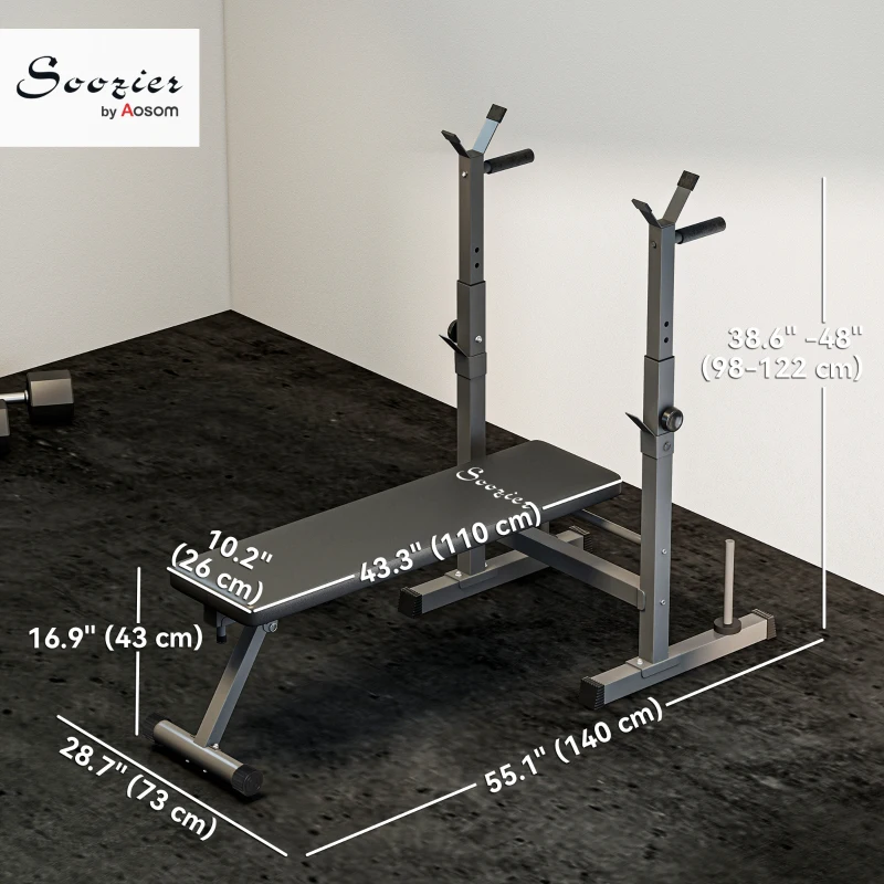 Soozier Adjustable Weight Bench, Foldable Bench Press with Barbell Rack and Dip Station for Home Gym, Strength Training Multiuse Workout Bench, Black and Grey