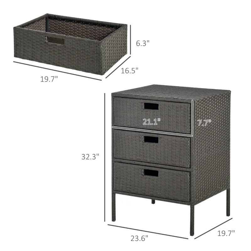 Outsunny Patio PE Rattan Storage Cabinet, Wicker Pool Cabinet Organizer, Outdoor Towel Rack for Pool with 3 Drawers, Brown