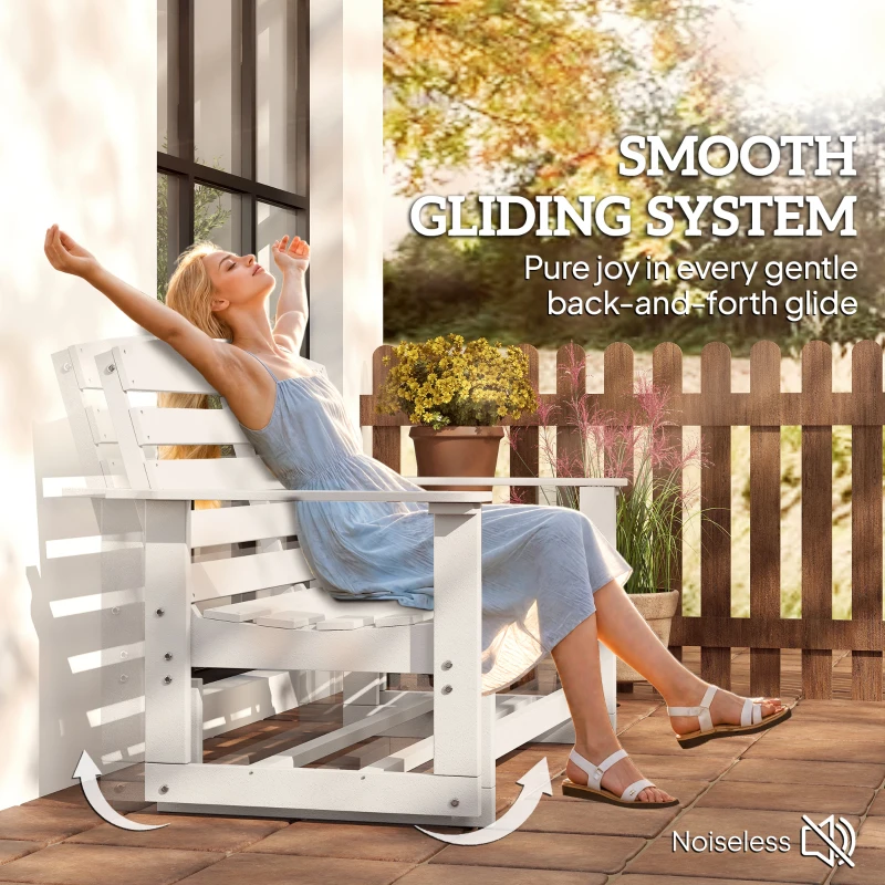 Outsunny Patio Glider Bench w/ HDPE Slatted Double Rocking Chair, White