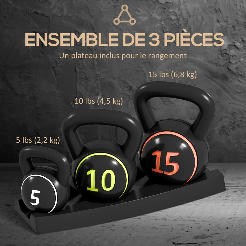 Soozier Three-Piece Kettlebell Set Weights with Storage Stand for Home Gym Weight Lifting Training, 5lbs, 10lbs, 15lbs (2.2kg, 4.5kg, 6.8kg)