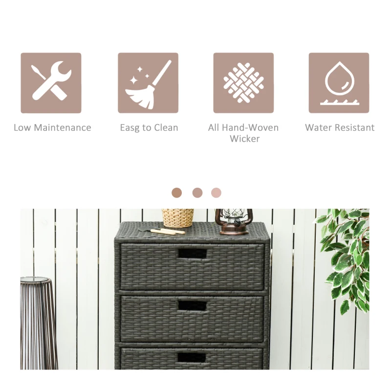 Outsunny 32" Poolside Rattan Wicker Patio Organizer Storage Cabinet Bathroom Storage w/ 3 Large Drawers Garden Outdoor