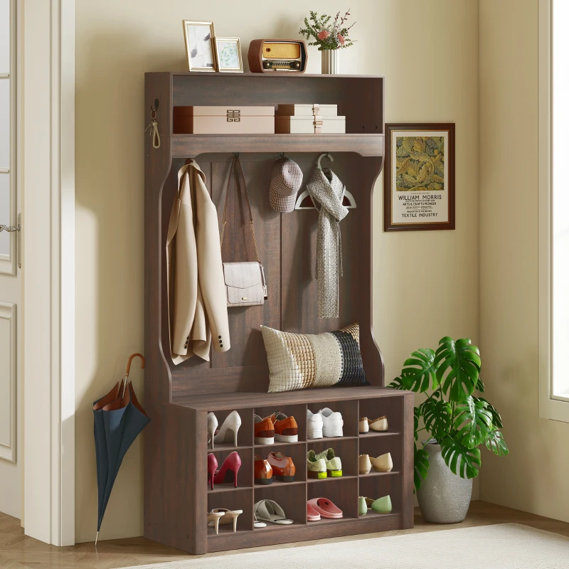 HOMCOM 4-In-1 Hall Tree with Bench and Shoe Storage, Farmhouse Coat Rack Shoe Bench with 12 Shoe Cubbies, 6 Hooks, Dark Brown