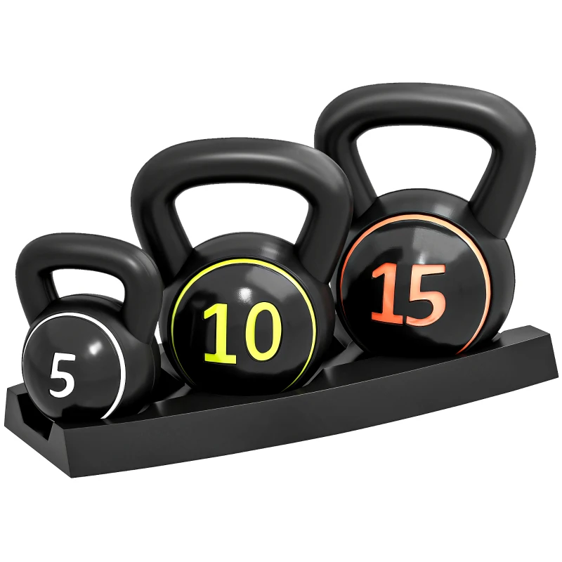 Soozier Three-Piece Kettlebell Set Weights with Storage Stand for Home Gym Weight Lifting Training, 5lbs, 10lbs, 15lbs (2.2kg, 4.5kg, 6.8kg)