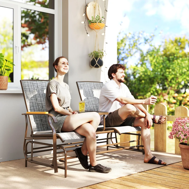 Outsunny Outdoor 2-Person Glider Bench, Outside Swing Glider Chair Loveseat with Breathable Mesh, Table, Steel Frame