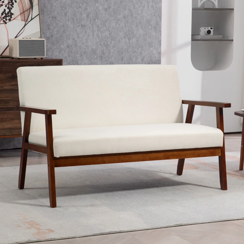 HOMCOM Compact Loveseat Sofa Couch Linen Fabric Double Seat Sofa with Rubber Wood Legs Cream White