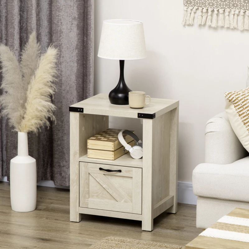 HOMCOM Side Table with Storage, Farmhouse End Table with Drawer, Open Shelf and Barn-style Panel, Nightstand for Living Room, Bedroom, Oak
