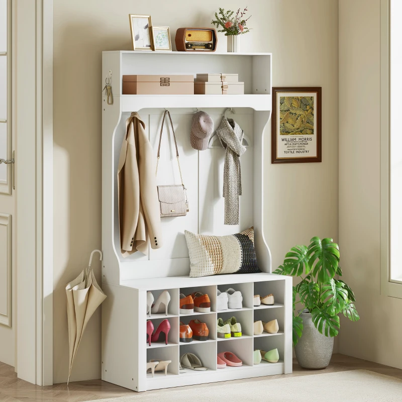 HOMCOM 4-In-1 Hall Tree with Bench and Shoe Storage, Farmhouse Coat Rack Shoe Bench with 12 Shoe Cubbies, 6 Hooks, White