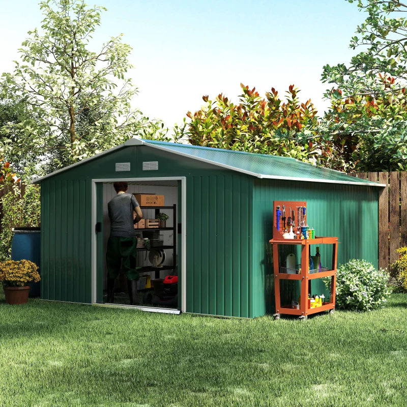Outsunny 11' x 13' Practical Backyard Garden Storage Tool Shed with Double Sliding Door Garden Tool Shed with 4 Ventilation Slots, Green