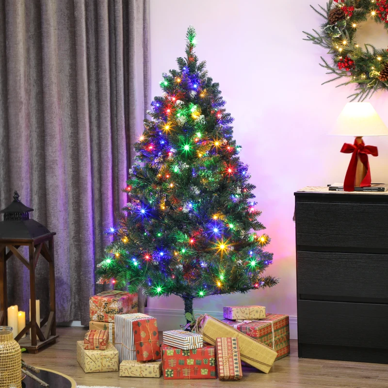 HOMCOM 5 ft Frosted Prelit Christmas Tree, Full Spruce Xmas Tree with Dual Colour LED Light, Hinged Xmas Tree, Easy Assembly