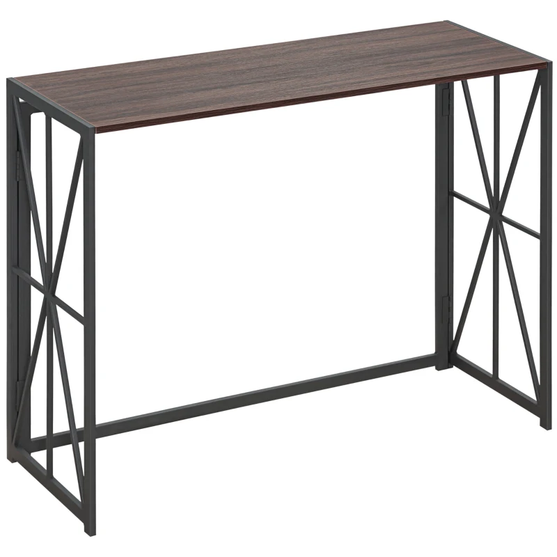 HOMCOM Foldable Console Table, Industrial Sofa Table, Narrow Farmhouse Table with Metal Frame for Living Room, Entryway, Foyer, Brown