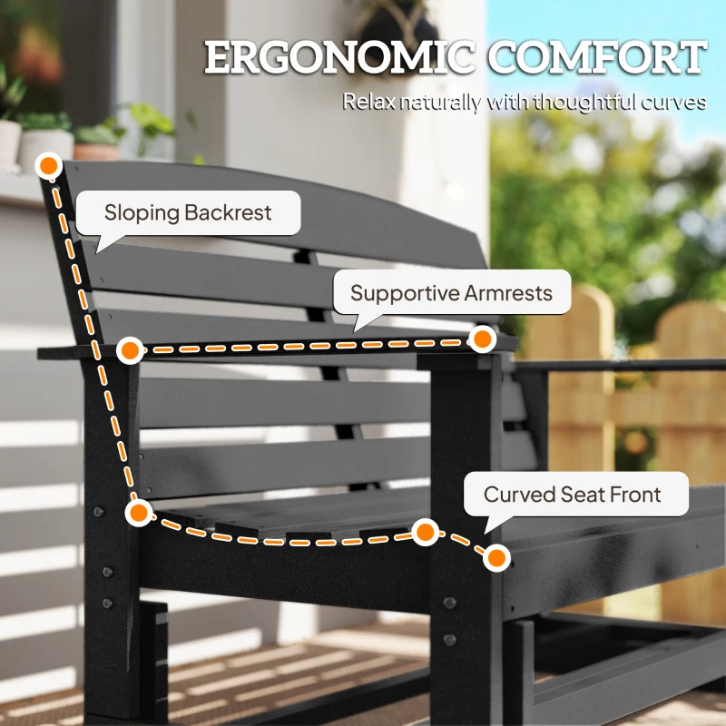 Outsunny Patio Glider Bench w/ HDPE Slatted Double Rocking Chair, Black