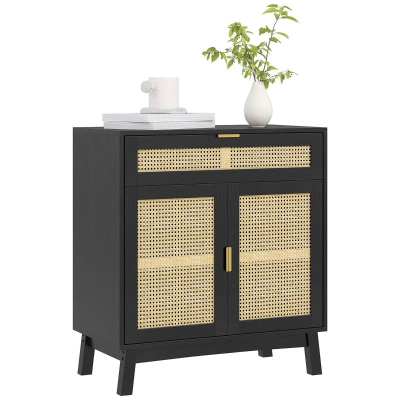 HOMCOM Boho Sideboard Storage Cabinet with Rattan Doors, Black