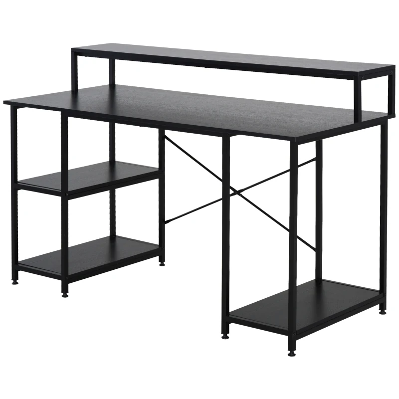 HOMCOM Computer Desk with Shelves and CPU Stand, Home Office Desk Workstation with Adjustable Feet, Black Wood Grain