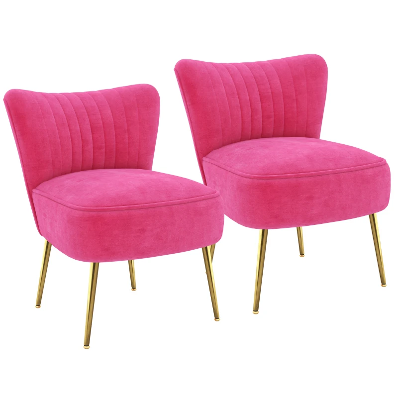 HOMCOM Velvet Lounge Chairs Set of 2, Modern Accent Chairs for Living Room with Gold Steel Legs and Tufting Backrest, Pink