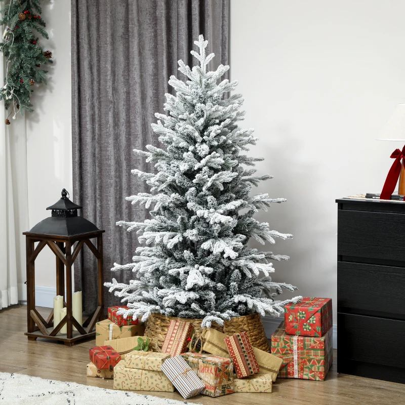 HOMCOM 5ft Artificial Flocked Christmas Tree, Full Snow Pine Tree Holiday Decor, Hinged Xmas Tree with Realistic Tips, Metal Stand, Easy Assembly