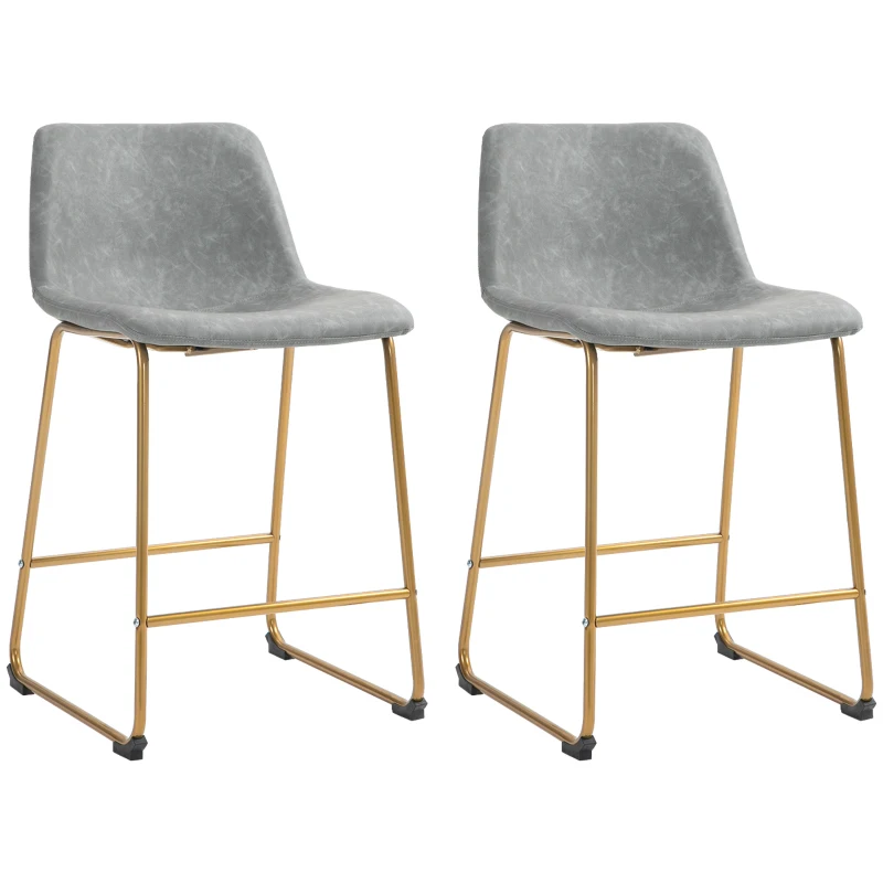 HOMCOM Counter Height Stools Set of 2, PU Leather Upholstered Stools for Kitchen Island, Modern Bar Chairs, Light Grey