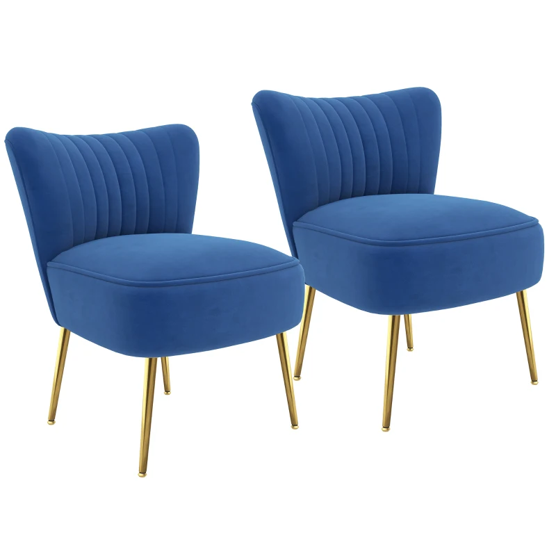 HOMCOM Velvet Lounge Chairs Set of 2, Modern Accent Chairs for Living Room with Gold Steel Legs and Tufting Backrest, Dark Blue