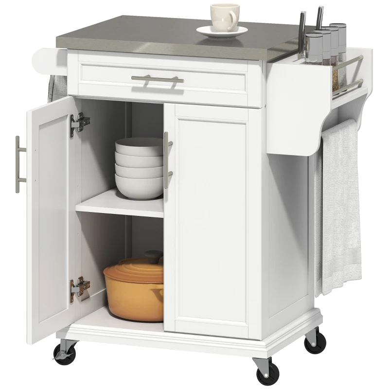 HOMCOM Kitchen Island on Wheels, Rolling Kitchen Cart with Stainless Steel Countertop, Drawer, Towel Rack and Spice Rack, Utility Storage Trolley, White