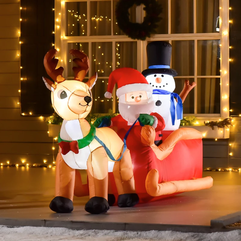 HOMCOM 6.5 ft Christmas Inflatable Santa Claus & Snowman on Sleigh with Reindeer, Blow up Christmas Decorations with LED Lights