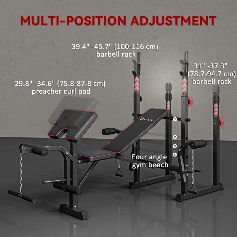 Soozier Weight Bench with Barbell Rack, Preacher Curl Bench, Leg Curl Machine for Home Weight Lifting Strength Training
