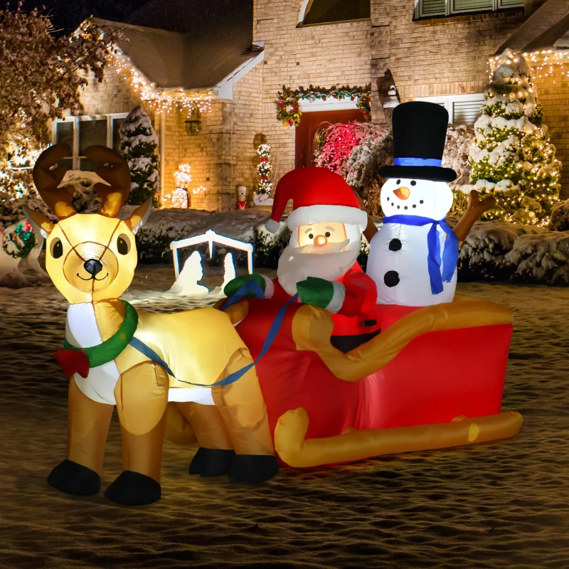 HOMCOM 6.5 ft Christmas Inflatable Santa Claus & Snowman on Sleigh with Reindeer, Blow up Christmas Decorations with LED Lights